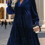 A-Line Long Sleeves Pleated Solid Color Velvet V-Neck Mini Dresses
