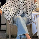 Polka Dot Print Tie-waist Lantern Sleeve Elegant Loose Shirt