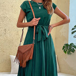 A-Line Loose Pleated Solid Color Tied Waist Round-Neck Midi Dresses