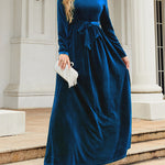 Long Sleeves Wrap Belted Pleated Solid Color Zipper Round-Neck Maxi Dresses
