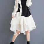High-Low Long Sleeves Contrast Color Ruffle Trim Split-Joint Round-Neck Midi Dresses