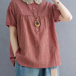 Cotton Blend Plaid Polo Puff Sleeve T-Shirts Tops