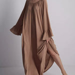 A-Line Flared Sleeves Pleated Solid Color Split-Joint Round-Neck Maxi Dresses