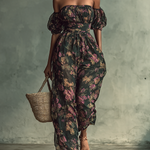 Women's Chiffon Floral Print Bandeau Short Sleeve Waist Jumpsuit