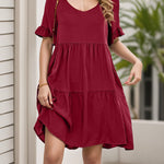A-Line Flared Sleeves Pleated Pockets Ruffled Solid Color Split-Joint Round-Neck Mini Dresses