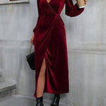 A-Line High Waisted Elasticity Solid Color Split-Front Split-Joint Tied Waist Velvet V-Neck Maxi Dresses