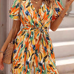 High Waisted Loose Printed Tied Waist V-Neck Mini Dresses