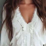 Vintage Victorian V-Neck Ruffle Lace Blouse