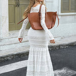 Bodycon Flared Sleeves Flower Print Pleated See-Through Solid Color Split-Joint Textured Round-Neck Maxi Dresses