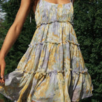 A-Line Loose Flower Print Layered Pleated Split-Joint Tied Spaghetti-Neck Mini Dresses