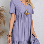 A-Line Loose Pleated Solid Color Split-Joint V-Neck Mini Dresses