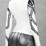 Long Sleeves Skinny Printed Striped High Neck T-Shirts Tops