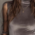 Velvet Mesh Panel High-Neck Top – Graphite Grey