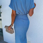 Batwing Sleeves Button Down Ruched Midi Shirt Dress