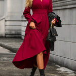 A-Line Flared Sleeves Elasticity Pleated Solid Color V-Neck Midi Dresses