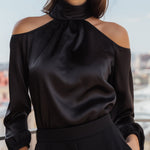 High-Neck Cold-Shoulder Long Sleeve Blouse