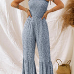 Dusk Blue Floral Print Thin Straps Smocked Wide Leg Jumpsuit