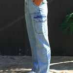 Washed denim multi-pocket non-stretch overalls