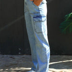 Washed denim multi-pocket non-stretch overalls