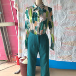 Long Sleeves Buttoned Printed Lapel Blouses Top + High Waisted Pants Bottom Two Pieces Set