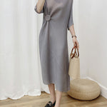 Half Sleeves Irregular Clipping Pleated Solid Color Round-Neck Midi Dresses