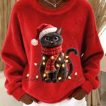 Women's Vintage Christmas Black Cat Print Sweater