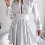 A-Line Elasticated Waist Hollow Solid Color Zipper Half Turtleneck Mini Dresses