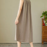 A-Line Sleeveless Buttoned Pleated Solid Color Round-Neck Midi Dresses