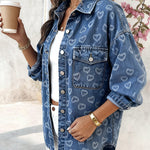 Valentines Blue Turndown Collar Long Sleeve Jacquard Casual Pocket Denim Cardigans
