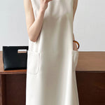 High Waisted Loose Pockets Solid Color Split-Back Zipper Round-Neck Midi Dresses