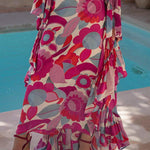 Batwing Sleeves Loose Flower Print Pleated Split-Joint Round-Neck Maxi Dresses