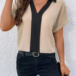 Loose Short Sleeves Contrast Color V-Neck T-Shirts Tops
