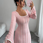 A-Line Bodycon Ribbed Knit Split-Joint Square-Neck Maxi Dresses