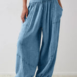 Women's Casual Fashion Solid Color Strap Pocket Wide Leg Pants