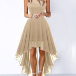 A-Line High Waisted Pleated See-Through Split-Joint Tied Waist Round-Neck Maxi Dresses