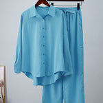 Solid Color High-Low Long Sleeves Lapel Blouses + Drawstring Pants Two Pieces Set