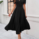 A-Line High Waisted Pleated Solid Color Zipper V-Neck Maxi Dresses