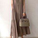 A-Line Loose Buttoned Pleated Ruffled Solid Color Split-Joint Tiered Stand Collar Midi Dresses
