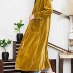 Yellow Velvet Elegant Open Front Pocket Long Cardigan