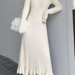 Long Sleeves Loose Ruffled Solid Color Round-Neck Midi Dresses Sweater Dresses