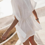Cotton Linen Blend Pocketed Belt Kimono Mini Dress