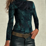 Antarey Velvet Mesh Unique Pattern Long Sleeve Stretch Bodysuit