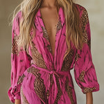 Casual Loose Rose Red Chiffon Leopard Print Long-Sleeved Jumpsuit