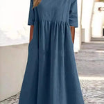 A-Line Half Sleeves Pleated Pockets Solid Color Round-Neck Midi Dresses