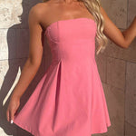 A-Line Loose Backless Pleated Solid Color Split-Joint Tied Tube Mini Dresses