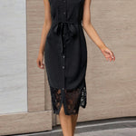 Loose Sleeveless See-Through Solid Color Split-Joint Tied Waist Lapel Midi Dresses Shirt Dress