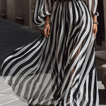 Elegant Off-the-Shoulder Vertical Stripe Chiffon Maxi Dress