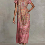 Loose Short Sleeves Contrast Color Flower Print Mock Neck Maxi Dresses