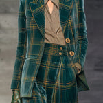 Retro And Fashionable Green Plaid Velvet Blazer High Waist Wide Leg Pants Set