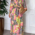 Summer Bold Floral Print Elastic Waist Backless Slit Casual Maxi Dress